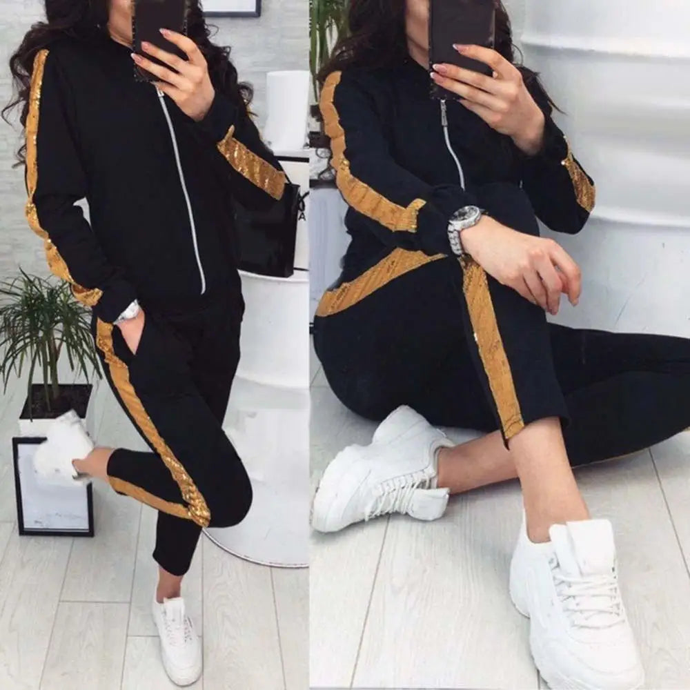 New 2Pcs/Set  Women Jogging Suit Sequins Patchwork Regular Tracksuits  Sequins Patchwork Sweatshirt Coat Pants Set deriluja