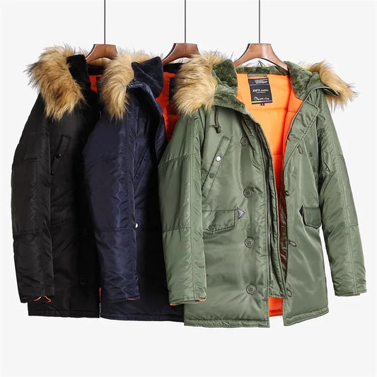 N-3B Winter ALASKA Coat Men Fur Hood Slim Fit Thick Parka Padded Military Jacket for Cold Weather