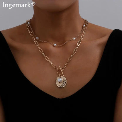 Gothic Baroque Pearl Coin Pendant Choker Necklace for Women Wedding Punk Bead Lariat Gold Color Long Chain Necklace Jewelry Gift