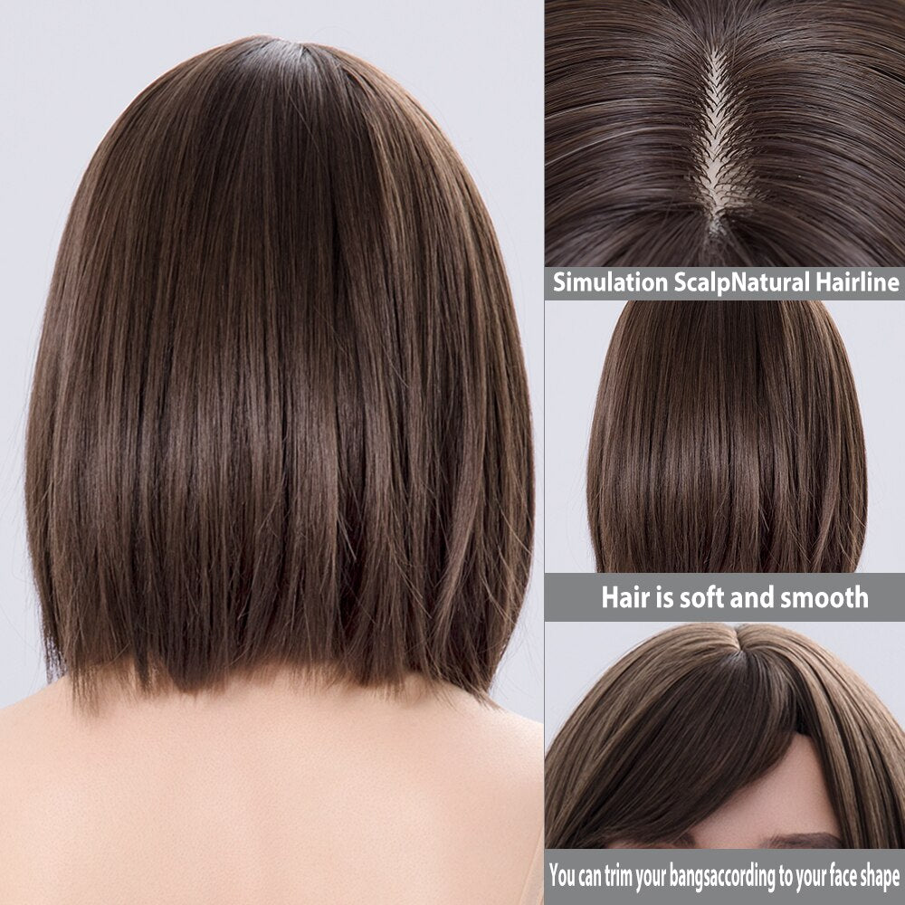 Short  Bob Wig Brown Straight Hair Synthetic Wigs With Bangs For White Women Nutural Cosplay Lolita Heat Resistant Perruque