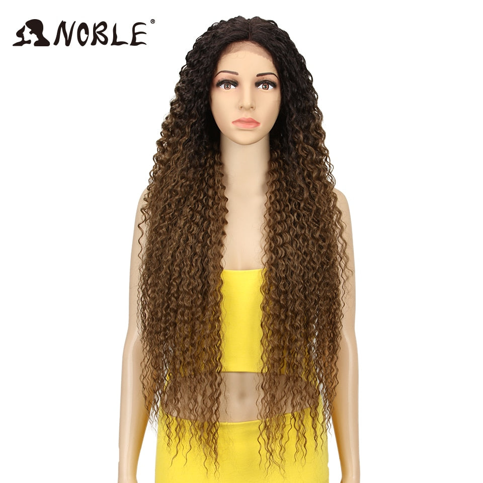 Noble Synthetic Lace Wigs For Women Long Part 38 Inch Long Curly Ombre Blonde Wig With Dark Roots Wavy Heat Resistant Lace Wig