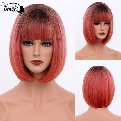 Short  Bob Wig Brown Straight Hair Synthetic Wigs With Bangs For White Women Nutural Cosplay Lolita Heat Resistant Perruque