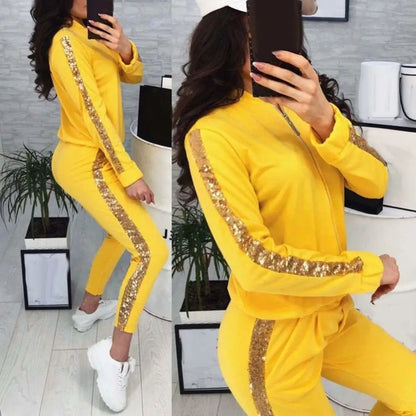 New 2Pcs/Set  Women Jogging Suit Sequins Patchwork Regular Tracksuits  Sequins Patchwork Sweatshirt Coat Pants Set deriluja