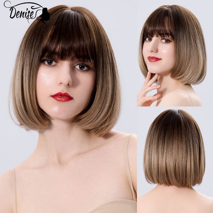 Short  Bob Wig Brown Straight Hair Synthetic Wigs With Bangs For White Women Nutural Cosplay Lolita Heat Resistant Perruque