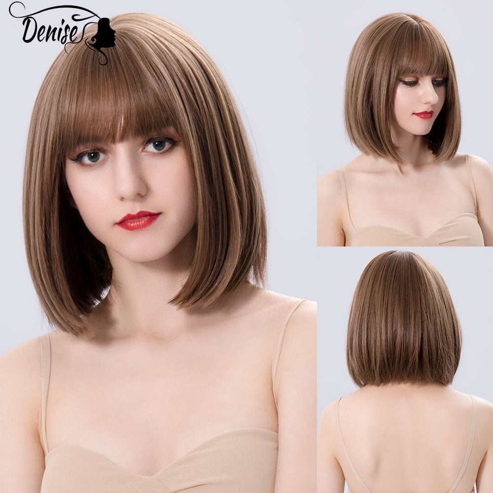 Short  Bob Wig Brown Straight Hair Synthetic Wigs With Bangs For White Women Nutural Cosplay Lolita Heat Resistant Perruque