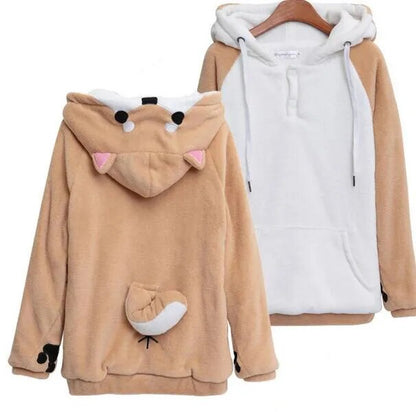 Harajuku Japanese Kawaii Hoodies Women Sweatshirts With Ears Cute Doge Muco Winter Plush Lovely Muco ! Anime Hooded Hoodie