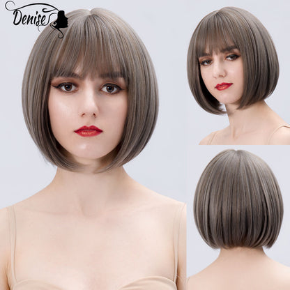 Short  Bob Wig Brown Straight Hair Synthetic Wigs With Bangs For White Women Nutural Cosplay Lolita Heat Resistant Perruque