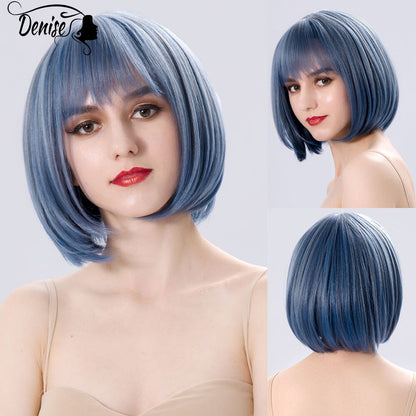 Short  Bob Wig Brown Straight Hair Synthetic Wigs With Bangs For White Women Nutural Cosplay Lolita Heat Resistant Perruque