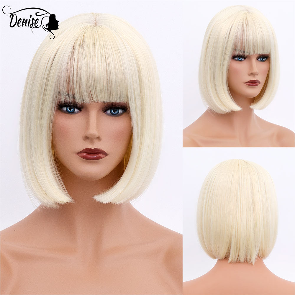 Short  Bob Wig Brown Straight Hair Synthetic Wigs With Bangs For White Women Nutural Cosplay Lolita Heat Resistant Perruque