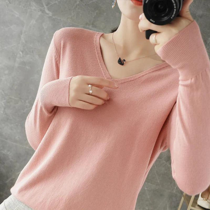 2024 New Fashion Female Cashmere Sweater Women's V-neck Solid Color Pullover Spring Autumn Long Sleeve Clothing Soft Knitwear 3k