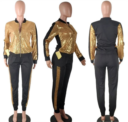 Autumn Winter Sequin 2 Piece Set Women Tracksuit Long Sleeve Jacket Top Pants Suit Streetwear Sparkly Matching Sets Club Outfits deriluja