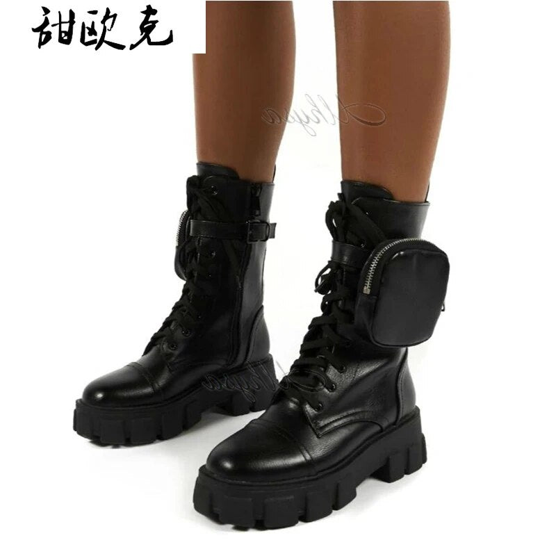 Women Pocket Boot Lace Up Ladies Ankle Boots Female Buckle Strap Black Chunky Sole Pouch Ankle Boots Woman Platform Shoe Fashion