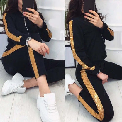 New 2Pcs/Set  Women Jogging Suit Sequins Patchwork Regular Tracksuits  Sequins Patchwork Sweatshirt Coat Pants Set deriluja