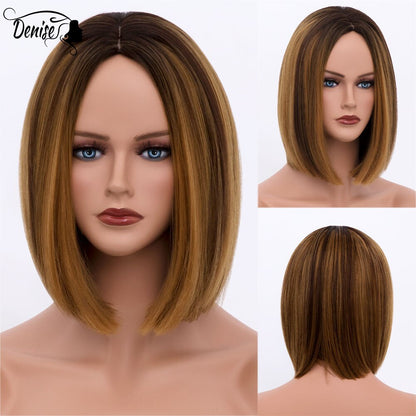 Short  Bob Wig Brown Straight Hair Synthetic Wigs With Bangs For White Women Nutural Cosplay Lolita Heat Resistant Perruque