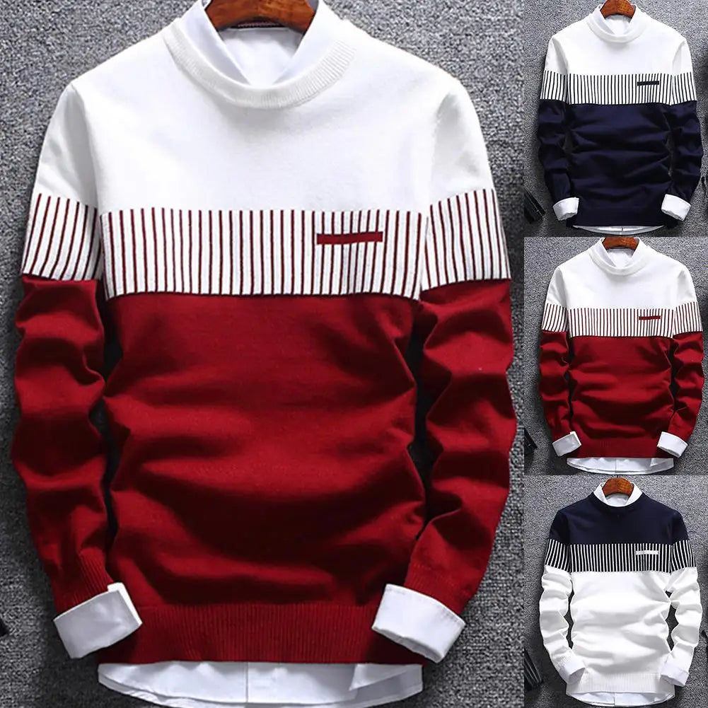 Fashion Men striped Sweater pullover Color Block Patchwork O Neck Long Sleeve Knitted Sweater Top Blouse For Warm Men's Clothing kd