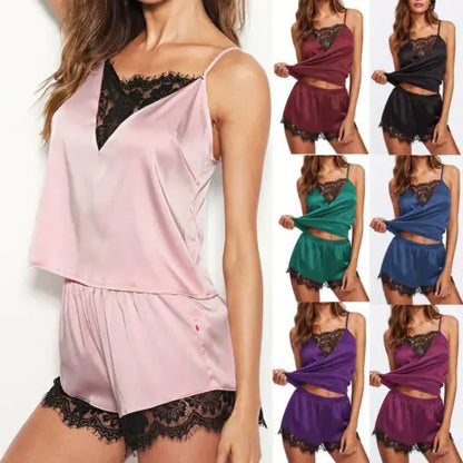 Women Sleepwear Satin Sexy  Lace Pajamas Set Female Elegant Sleeveless Top and Shorts Night Suit Pj Set Underwear freo