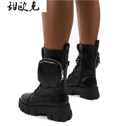 Women Pocket Boot Lace Up Ladies Ankle Boots Female Buckle Strap Black Chunky Sole Pouch Ankle Boots Woman Platform Shoe Fashion