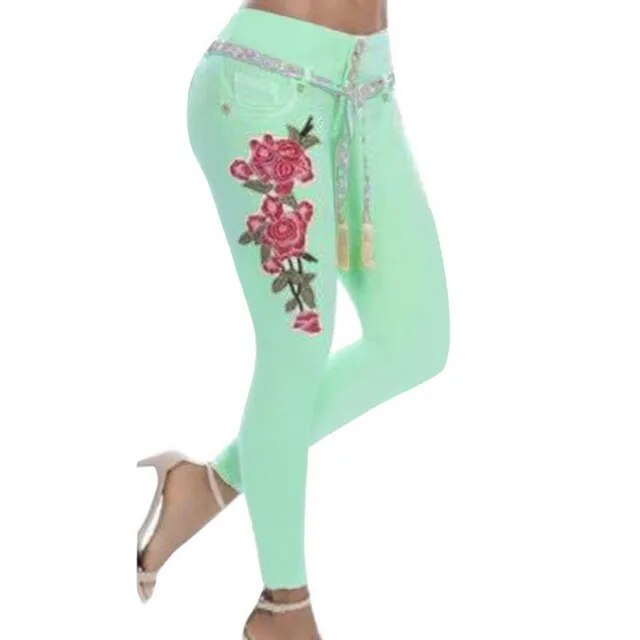 Women Stretch High Waist Skinny Embroidery Jeans