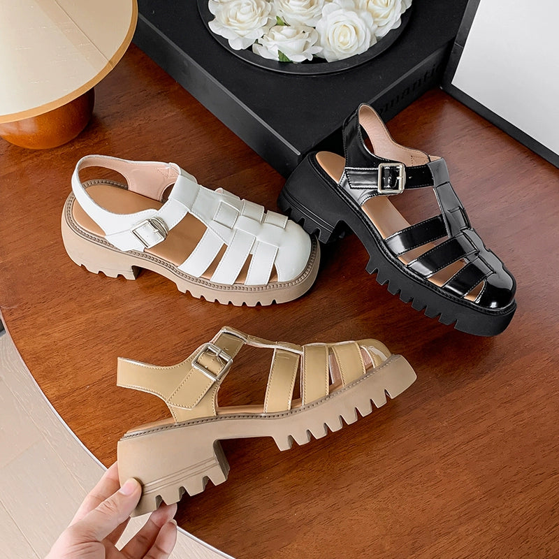 Authentic Leather Toe Box Roman Sandals for Women New Arrival Summer 2024 Cut Out Increased Platform Shoes Thick Sole Woven Pitcher Plant Shoes