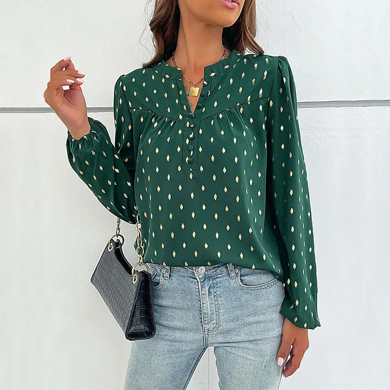 2024 Spring and Autumn new commuter women's long sleeve wave dot gilding design shirt