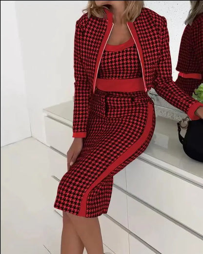 Sexy Slim Print Suit Elegant Office Lady Round Neck Vest Zippered Long Sleeve Jacket Package HipSkirt Three Piece Set 2024 New