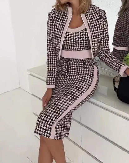 Sexy Slim Print Suit Elegant Office Lady Round Neck Vest Zippered Long Sleeve Jacket Package HipSkirt Three Piece Set 2024 New