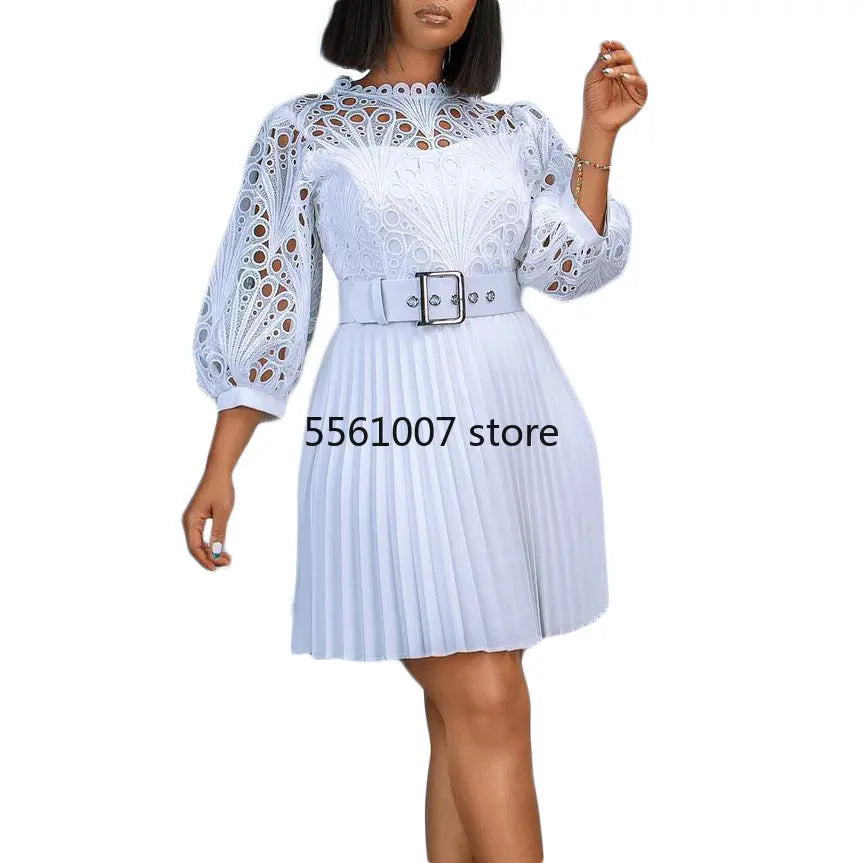 African Long Pleated Dress for Women, New Autumn Clothes, Sexy Hollow Out, Party, White, Black, Elegant Robe, 2022