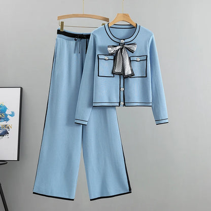 2025 Spring Women Elegant Pleated Two Piece Set Long Sleeve Bowknot Tops High Waist Wide Leg Pants Suit Female Casual Outfits