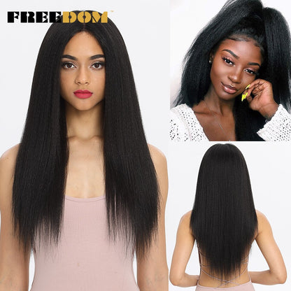 FREEDOM Synthetic Lace Front Wigs For Black Women Yaki Straight Long 26inch perruque Lace Wig Baby Hair Heat Resistant Fiber