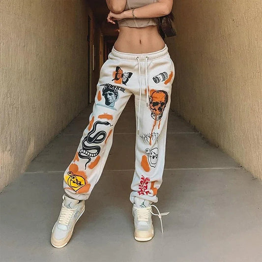 2024 Daily Women Sweatpants Joggers Y2K Harajuku Cartoon Skull Printed Streetwear Sweatpants Pants Casual High Waist Sweatpants