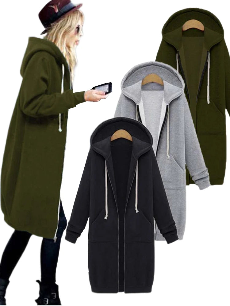 Once 2024 Casual Women Long Hoodies Sweatshirt Coat Zip Up Outerwears Hooded Jacket Winter Pockets Plus Size Outwear Tops Gs