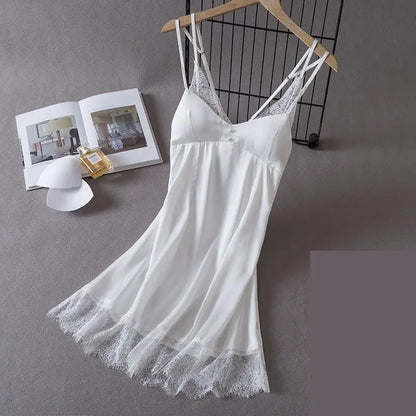 White Sleepwear Dressing Gown Sexy Backless Lace Nightgown Women Rayon Nightdress Lingerie Summer Nightwear Night Dress freo