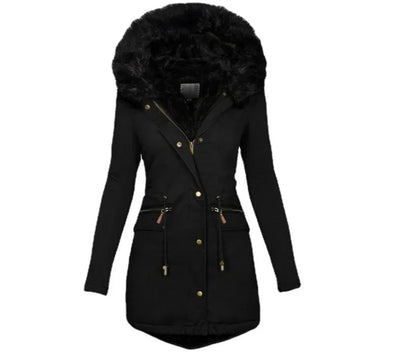 Womens Parkas  Autumn and Winter Solid Color Fur Collar Hooded Mid Length Warm Cotton Jacket for Women K2E