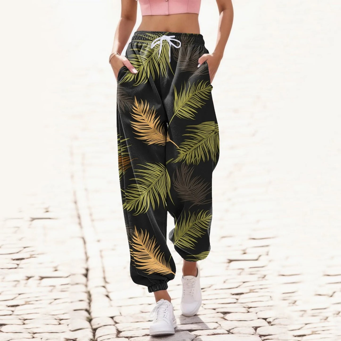 Women Fashion Print Bottom Sweatpants Pockets High Waist Sporty Gym Athletic Fit Jogger Pants Trousers Plus Size Home Pants Gs