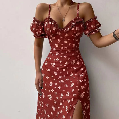 Women Elegant Off Shoulder V Neck Long Dress Sexy Sling Ruffle Strapless Slit Party Dress Spring Floral Print Slim Dress asu