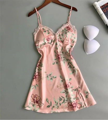 Floral Satin Silk Night Dress Women Sexy Bras V-Neck Gecelik Linger Lace Sleepwear Dress Print Nightgowns Women Sexy Nightdress freo