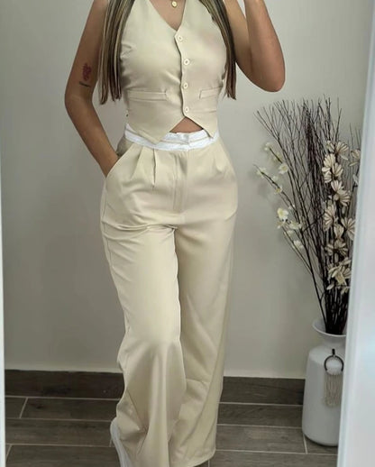 New Fashion 2024 Summer Casual Sexy Elegant V-Neck Buttoned Vest Top & Pocket Design Pants Set Womens Two Piece Sets Outfit