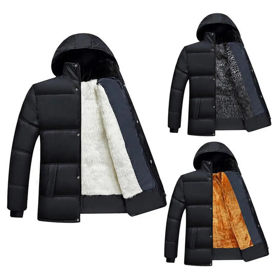 Insulated Men Coat Mid-aged Men Winter Cotton Coat Padded Plush Windproof with Hood Button Closure Elastic Cuff Stylish Mid 7