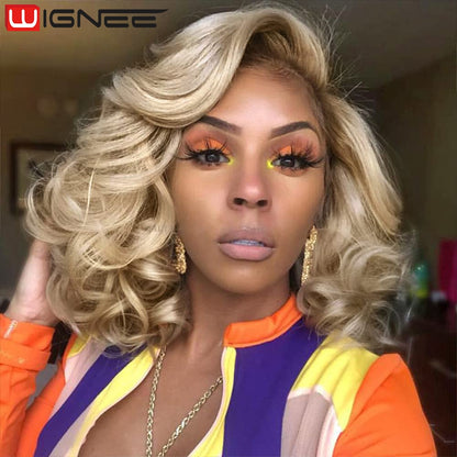 Wignee Body Wave Wig Side Part Synthetic Lace Wigs Ombre 613 Blonde Bob Short Wigs For Black Women Perruque Cosplay Daily Use