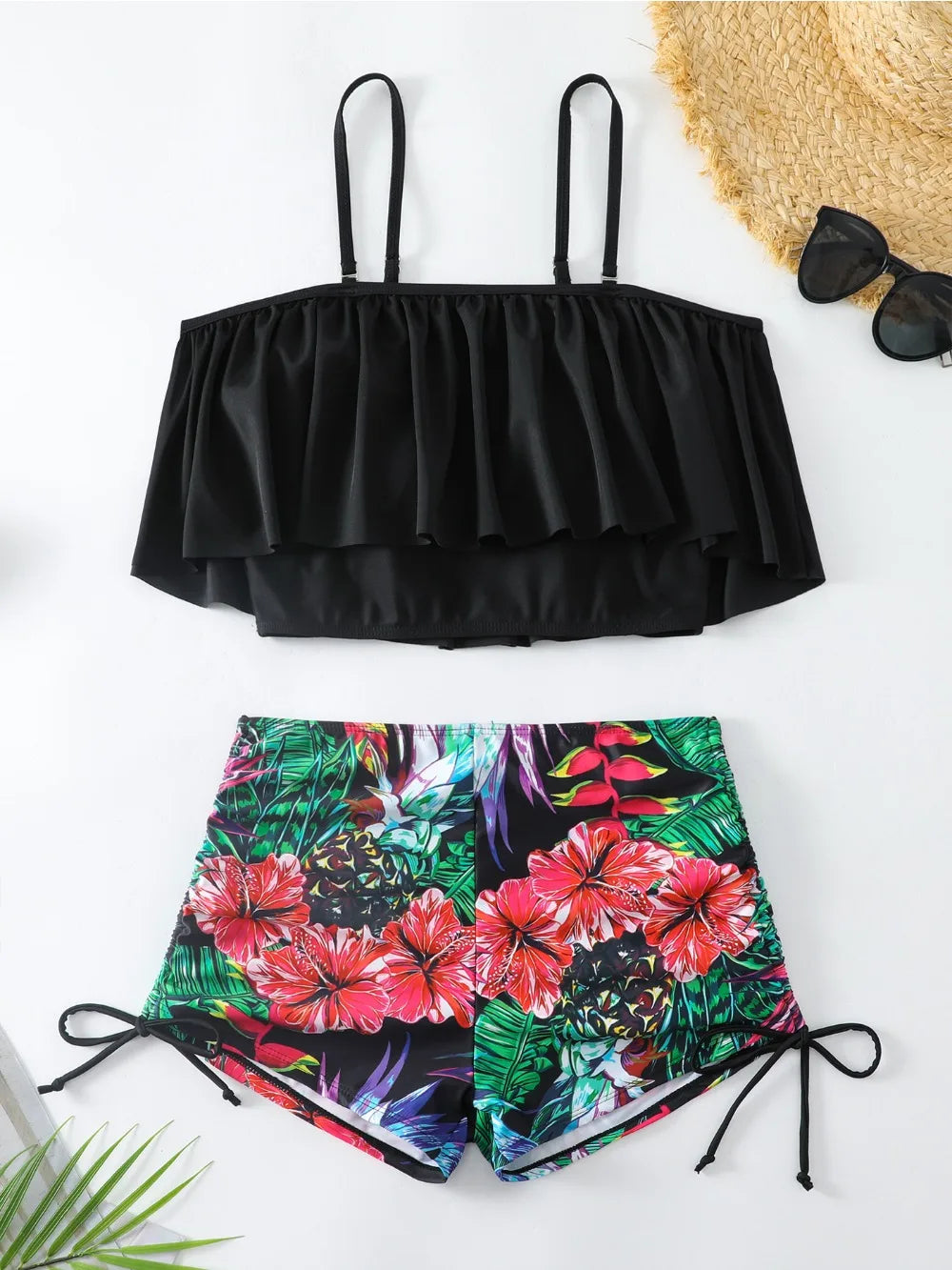 Cikini-Classy Tropical Tankini Set Cold Shoulder Ruffle Top High Waisted Shorts Beach Swimwear, Bathing Suit 2 Pcs Summer