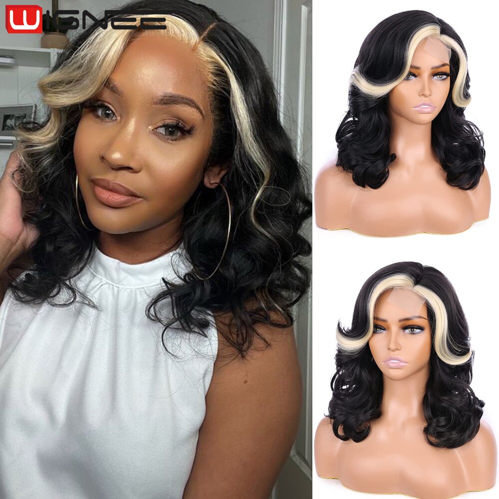 Wignee Body Wave Wig Side Part Synthetic Lace Wigs Ombre 613 Blonde Bob Short Wigs For Black Women Perruque Cosplay Daily Use