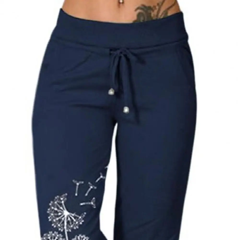 Women Cropped Pants  High Waist Elastic Waistband Drawstring Pockets Dandelion Print Women Casual Sport Pants Streetwear kd