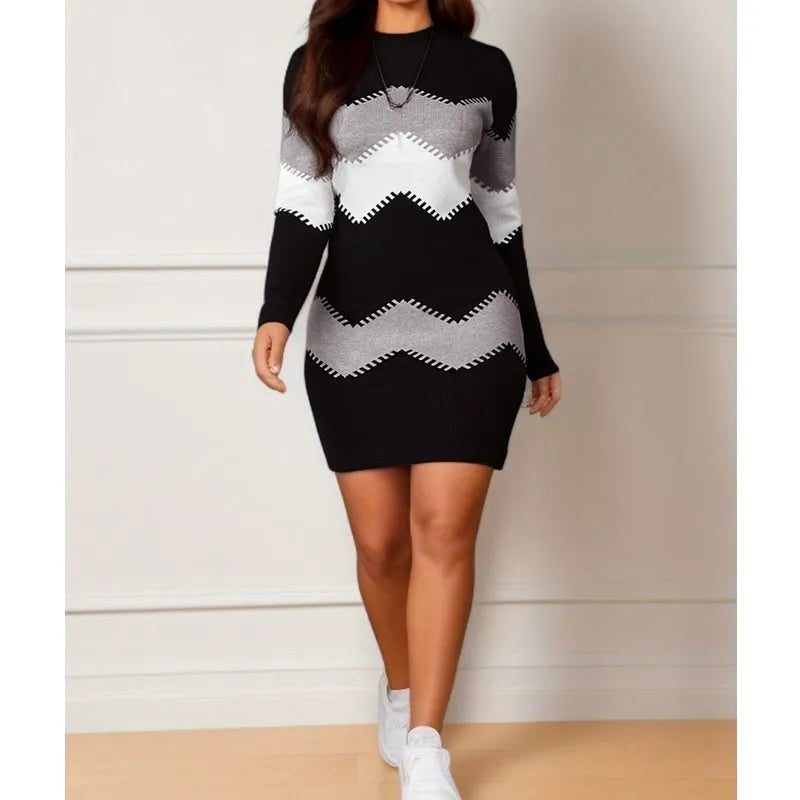 New Short Skirt Mid length Round Neck Long Sleeve Knitted Dress 4 kanpe