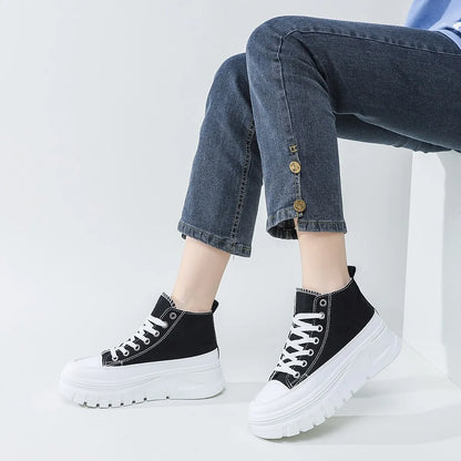 Women Lace-Up Front High Top Flatform Canvas Shoes Fashion Casual Comfortable Height Increasing Sneakers fem