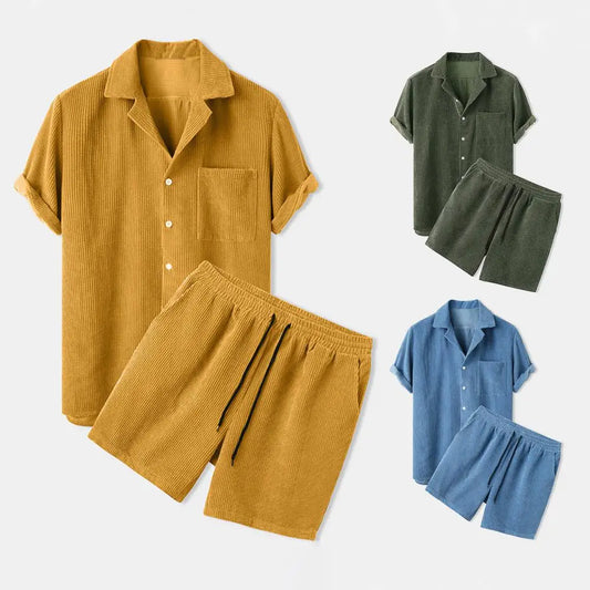 Summer Men Corduroy Shorts Sets Fashion Lapel Short Sleeve Shirts+Shorts Solid Color 2 Piece Set Mens Casual Outfit Sportswear 7