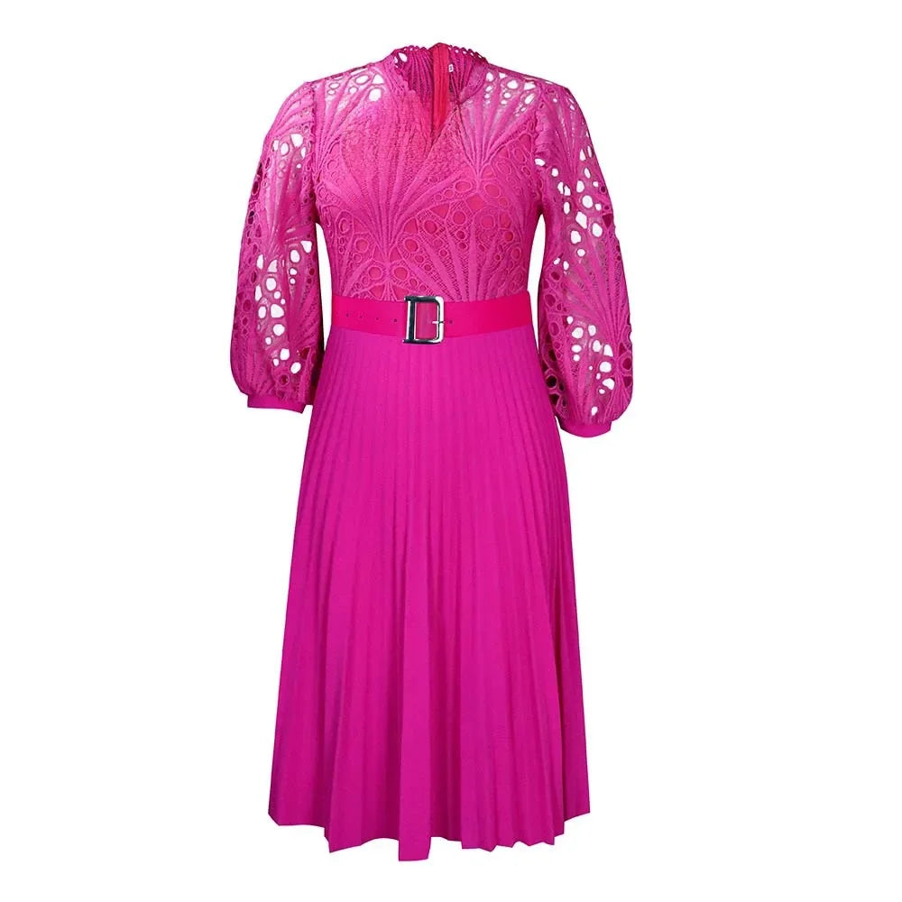 Elegant Lace Patchwork Pleated Hollow Out Sexy Women's Dress African Style Women's Clothing