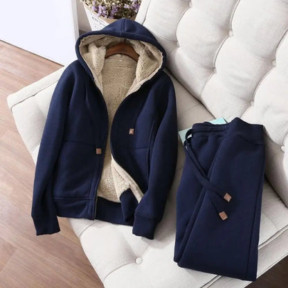 Women's Sweatshirt Pants Suit Autumn and Winter Warm Long-sleeved Fleece Thick Hoodie Coat Jogger Pants Sportswear Two-piece Set wowo