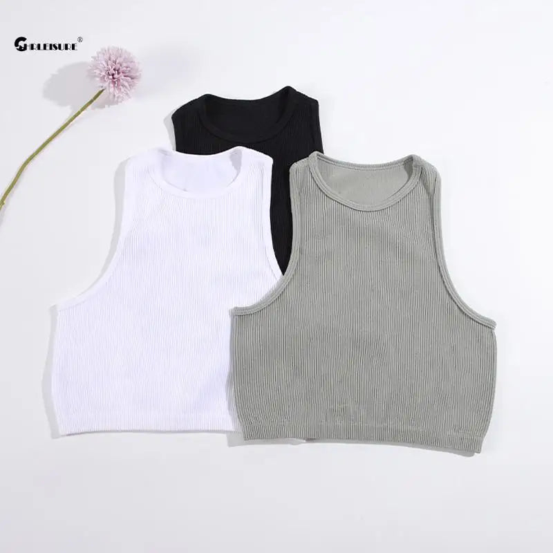 CHRLEISURE Sport Bra Women Rib-Knit Yoga Vest Round Neck Athletic Crop Top Seamless Elastic  Push Up Underwear without Pad asu