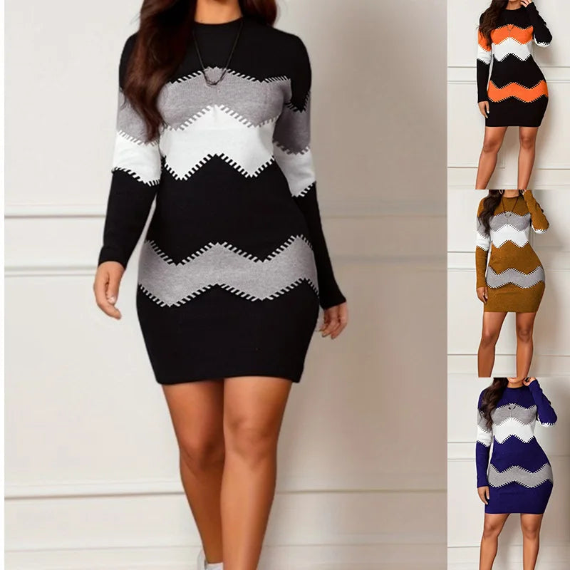 New Short Skirt Mid length Round Neck Long Sleeve Knitted Dress 4 kanpe