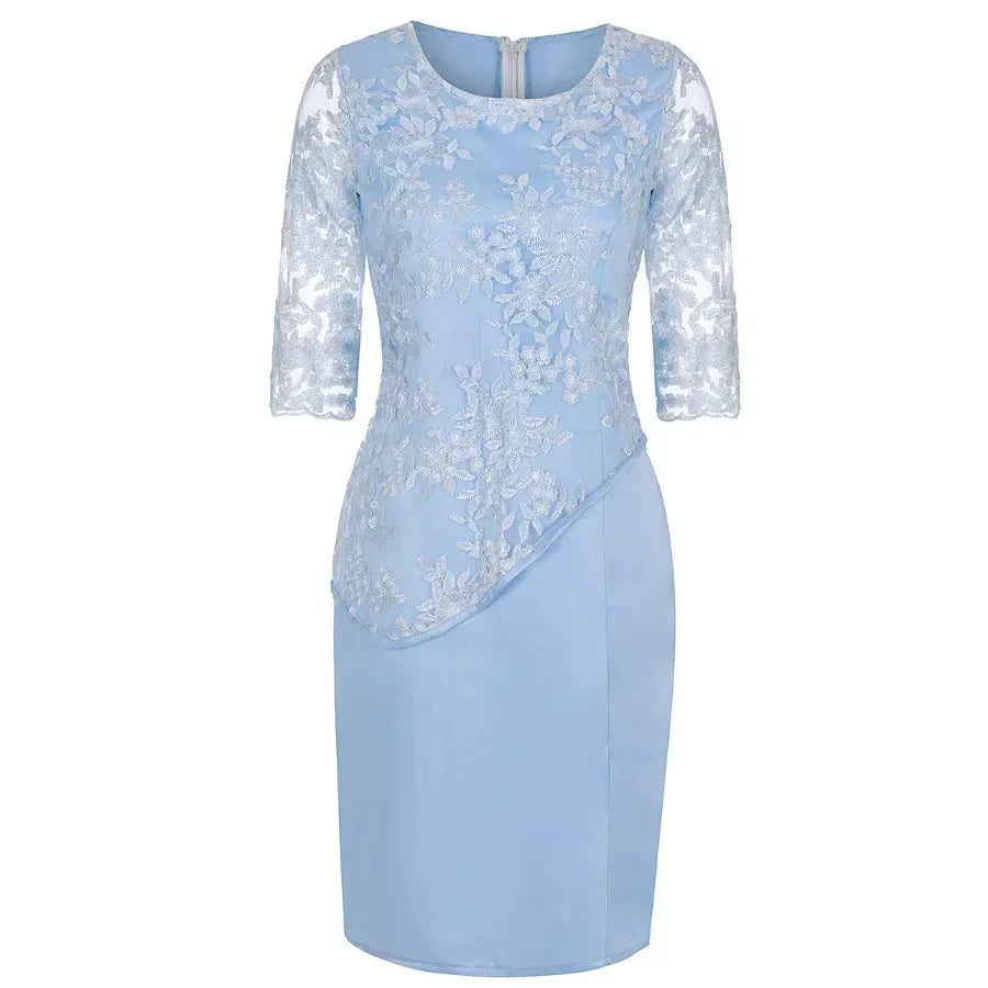 2024 Women's Large Size Midi Dress 5XL Elegant O-neck High-Waist Embroidery Lace 3/4 Sleeve Lady Evening Dress Female Clothing